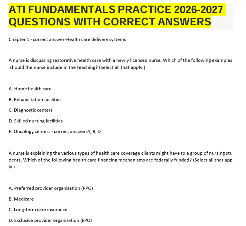 Ati Fundamentals Practice 2026-2027 Questions With Correct Answers