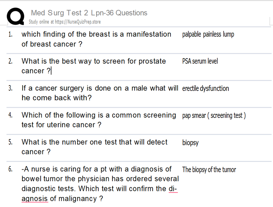(New Q&A) Med Surg Test 2 Lpn 36 Questions