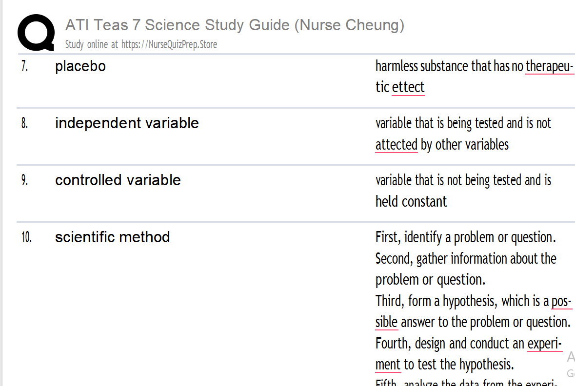 (New FlashCard) ATI Teas 7 Science Study Guide (Nurse Cheung) 289 Questions