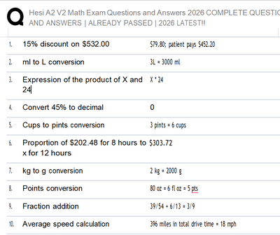 Q&A: Hesi A2 V2 Math Exam  2026 COMPLETE QUESTION-33Questions