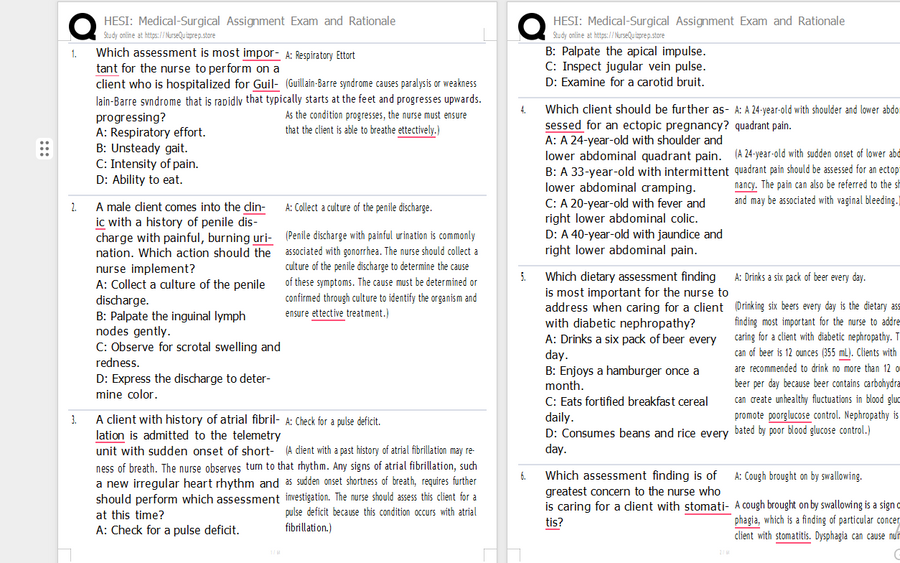 (Q&A) HESI Medical-Surgical Assignment Exam and Rationale 132 Questions Quizlet