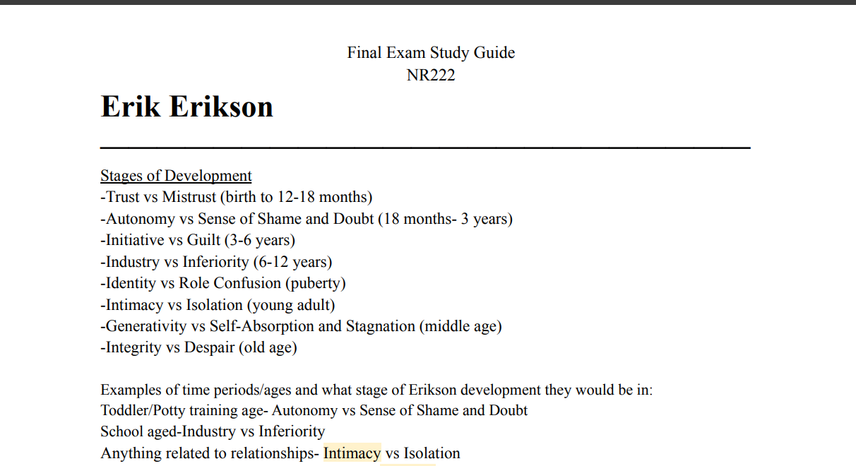 (New) NR222 Final Exam Study Guide: Erikson's Developmental Stages
