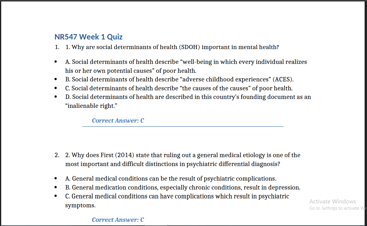 (New Proctored Exam Guide) NR547 Week 1 Quiz 1: SDOH & Psychiatric Diagnosis Answers