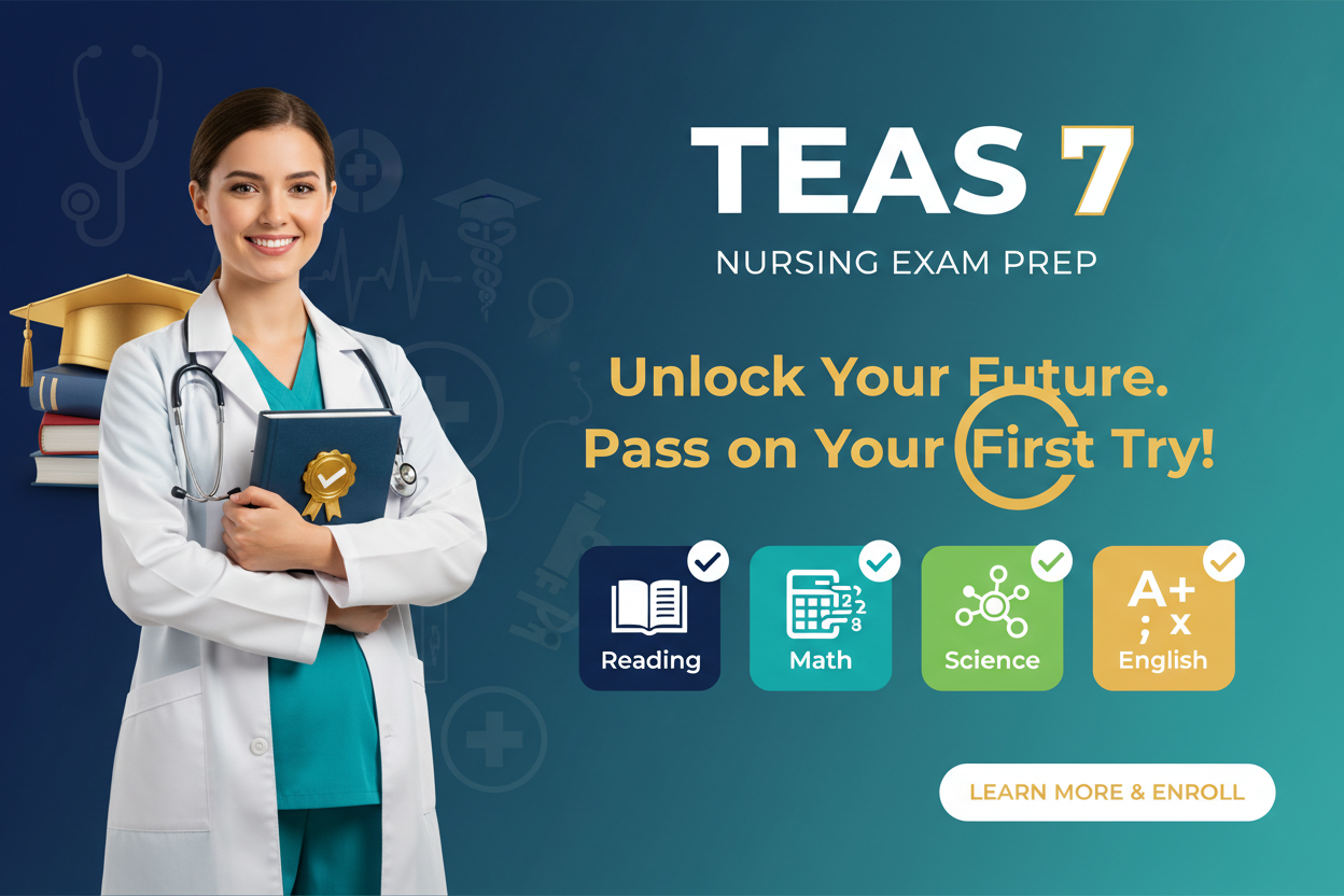 Generate a banner to describe this prodduct: Pass Your TEAS 7 on the First Try (2026 Edition) | 10 Full Practice Versions + Detailed Explanations

Prepare with confidence using this complete TEAS 7 revision bundle for 2026. You’ll get 10 full-length, exam-style practice versions modeled after the real TEAS format, covering Reading, Math, Science, and English & Language Usage.


